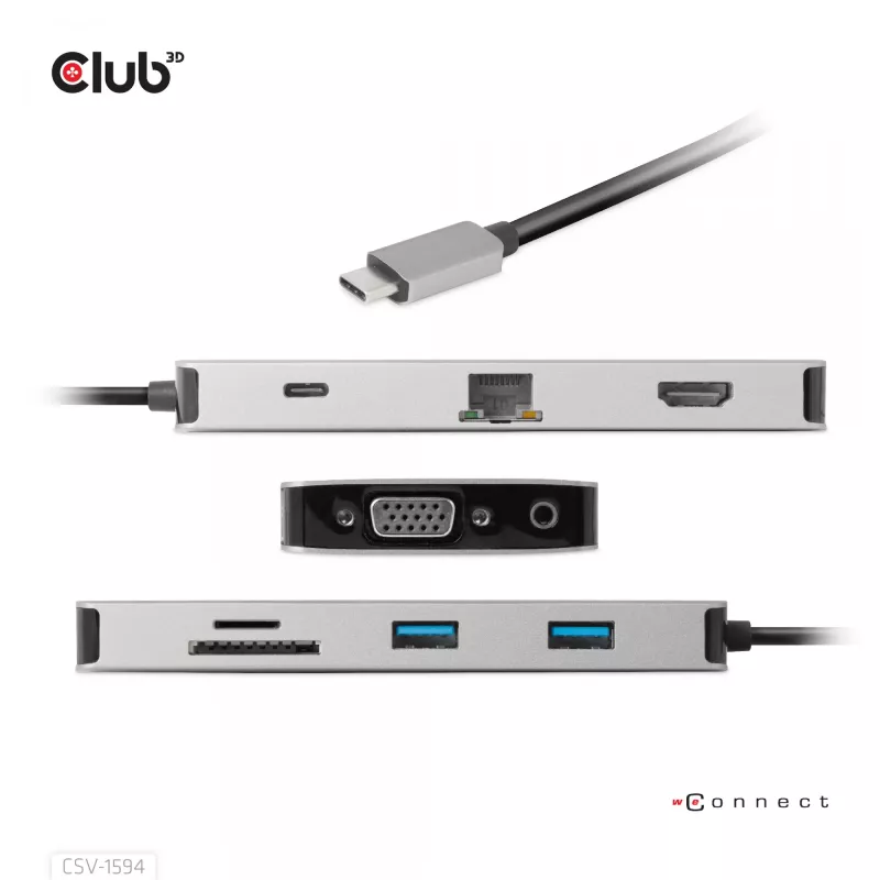 CLUB3D USB Gen1 Type-C 9-in-1 hub s HDMI, VGA, 2x USB Gen1 Type-A, RJ45, SD/Micro SD čítačka kariet a USB Gen1 Type-C konektor samica