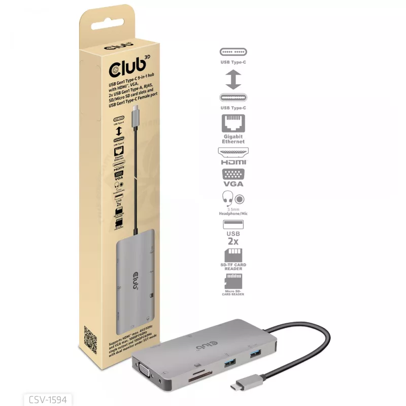 CLUB3D USB Gen1 Type-C 9-in-1 hub s HDMI, VGA, 2x USB Gen1 Type-A, RJ45, SD/Micro SD čítačka kariet a USB Gen1 Type-C konektor samica