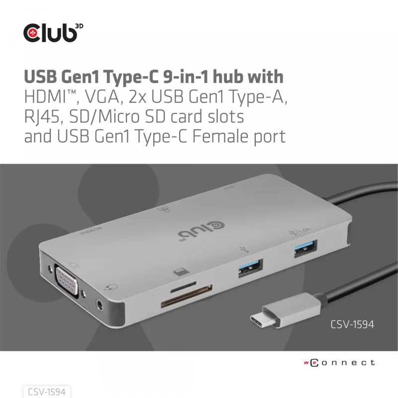 CLUB3D USB Gen1 Type-C 9-in-1 hub s HDMI, VGA, 2x USB Gen1 Type-A, RJ45, SD/Micro SD čítačka kariet a USB Gen1 Type-C konektor samica