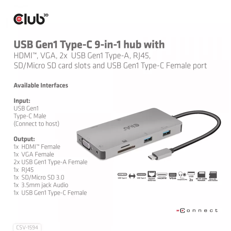 CLUB3D USB Gen1 Type-C 9-in-1 hub s HDMI, VGA, 2x USB Gen1 Type-A, RJ45, SD/Micro SD čítačka kariet a USB Gen1 Type-C konektor samica