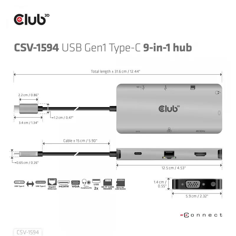 CLUB3D USB Gen1 Type-C 9-in-1 hub s HDMI, VGA, 2x USB Gen1 Type-A, RJ45, SD/Micro SD čítačka kariet a USB Gen1 Type-C konektor samica
