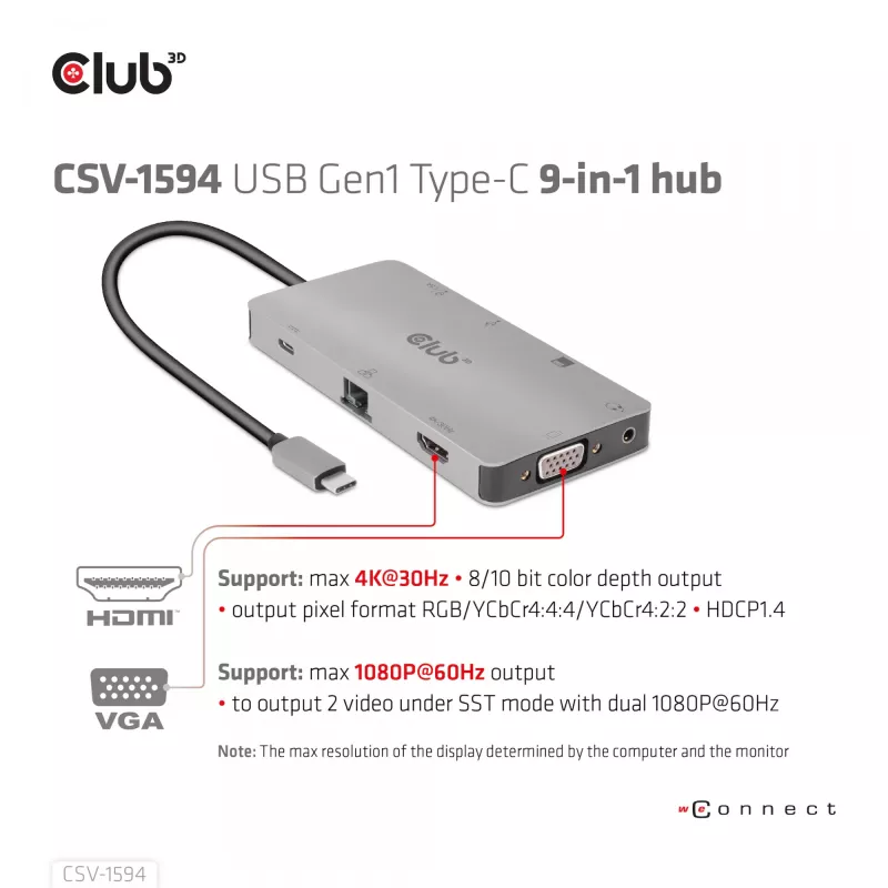 CLUB3D USB Gen1 Type-C 9-in-1 hub s HDMI, VGA, 2x USB Gen1 Type-A, RJ45, SD/Micro SD čítačka kariet a USB Gen1 Type-C konektor samica