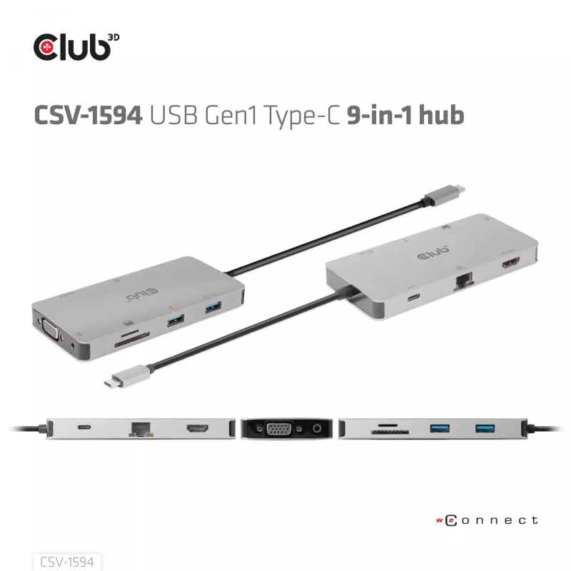 CLUB3D USB Gen1 Type-C 9-in-1 hub s HDMI, VGA, 2x USB Gen1 Type-A, RJ45, SD/Micro SD čítačka kariet a USB Gen1 Type-C konektor samica