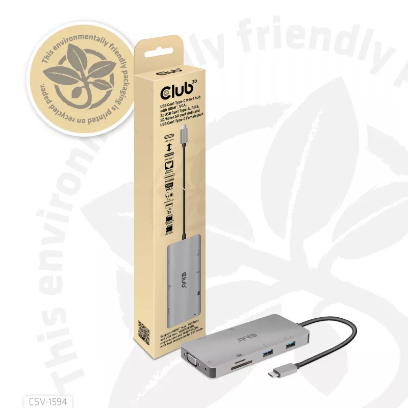 CLUB3D USB Gen1 Type-C 9-in-1 hub s HDMI, VGA, 2x USB Gen1 Type-A, RJ45, SD/Micro SD čítačka kariet a USB Gen1 Type-C konektor samica