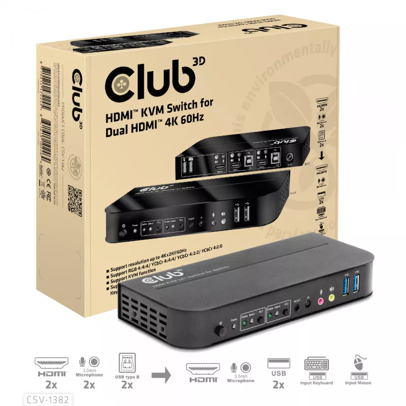 KVM prepínač CLUB3D CSV-1382 Dual HDMI 4K 60Hz USB