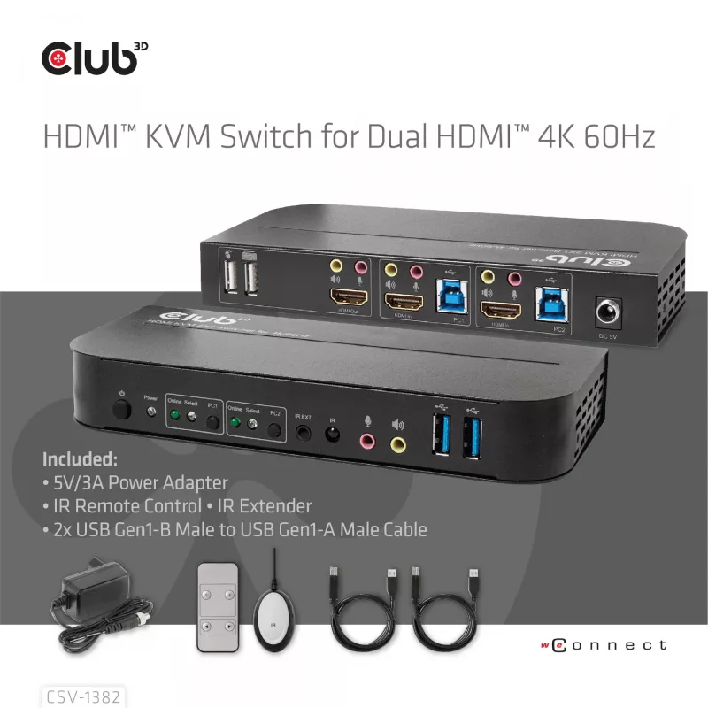KVM prepínač CLUB3D CSV-1382 Dual HDMI 4K 60Hz USB