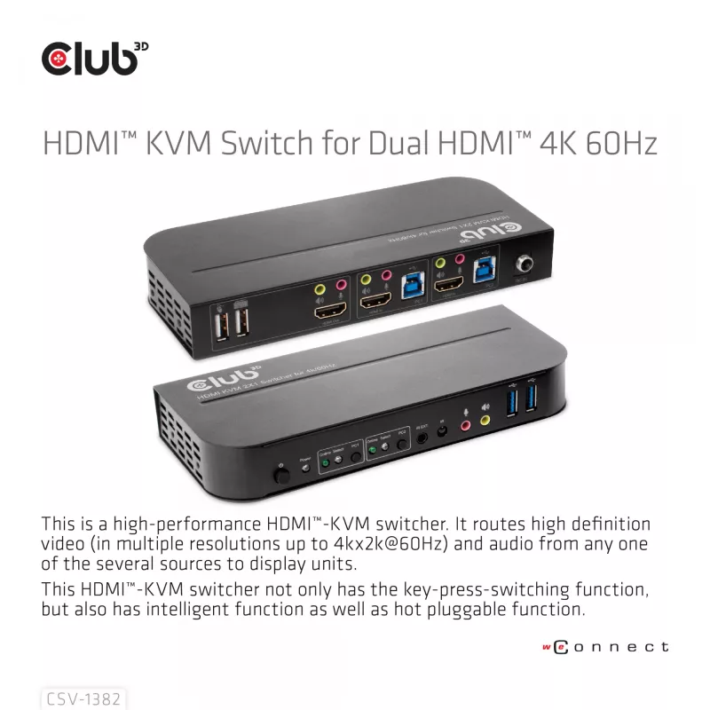 KVM prepínač CLUB3D CSV-1382 Dual HDMI 4K 60Hz USB