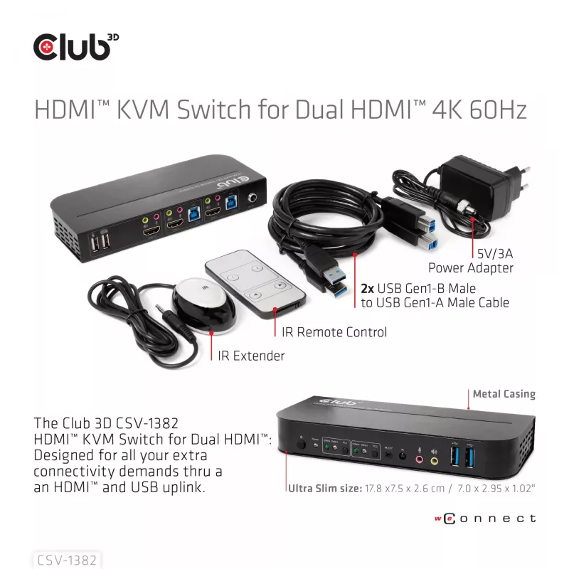 KVM prepínač CLUB3D CSV-1382 Dual HDMI 4K 60Hz USB