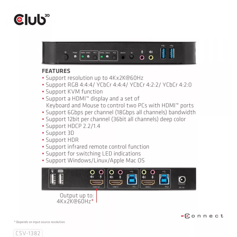 KVM prepínač CLUB3D CSV-1382 Dual HDMI 4K 60Hz USB