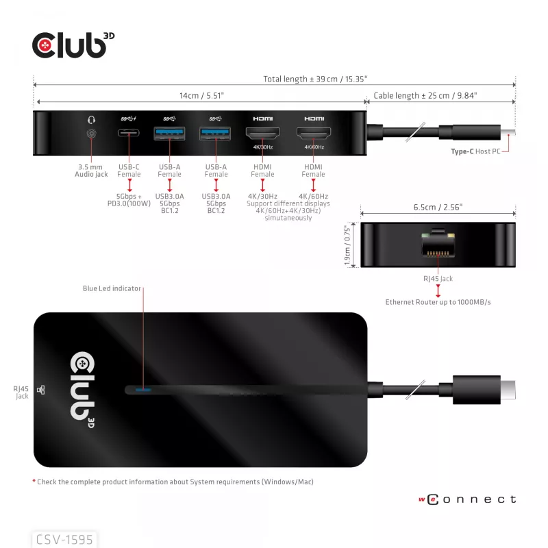 CLUB3D Type-C 7-in-1 hub s 2x HDMI, 2x USB Gen1 Type-A, 1x RJ45, 1x 3,5 mm audio, 1x USB Gen1 Type-C 100W konektor samica