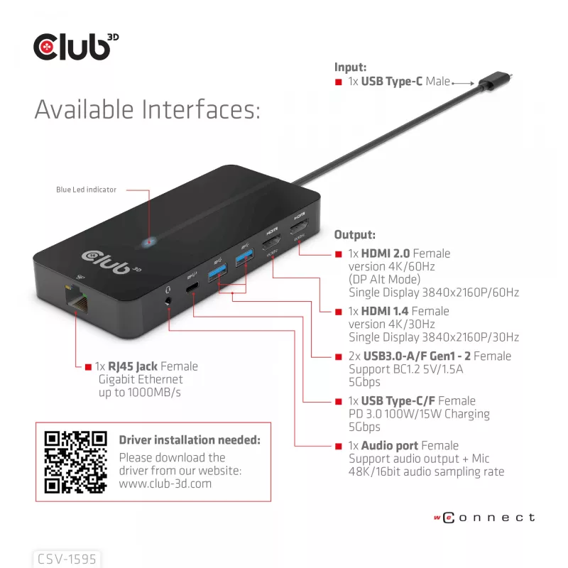 CLUB3D Type-C 7-in-1 hub s 2x HDMI, 2x USB Gen1 Type-A, 1x RJ45, 1x 3,5 mm audio, 1x USB Gen1 Type-C 100W konektor samica