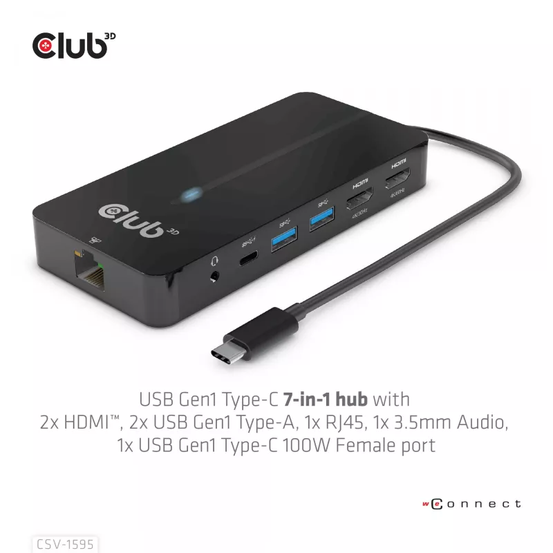 CLUB3D Type-C 7-in-1 hub s 2x HDMI, 2x USB Gen1 Type-A, 1x RJ45, 1x 3,5 mm audio, 1x USB Gen1 Type-C 100W konektor samica