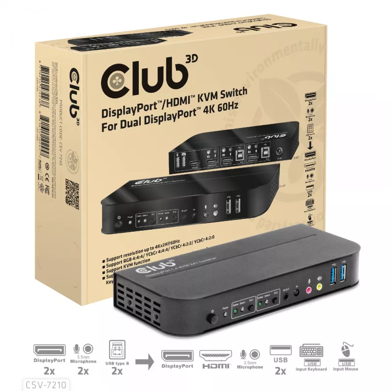 CLUB3D DisplayPort/HDMI KVM prepínač pre Dual DisplayPort 4K 60Hz