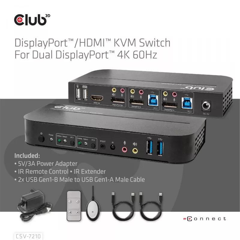 CLUB3D DisplayPort/HDMI KVM prepínač pre Dual DisplayPort 4K 60Hz