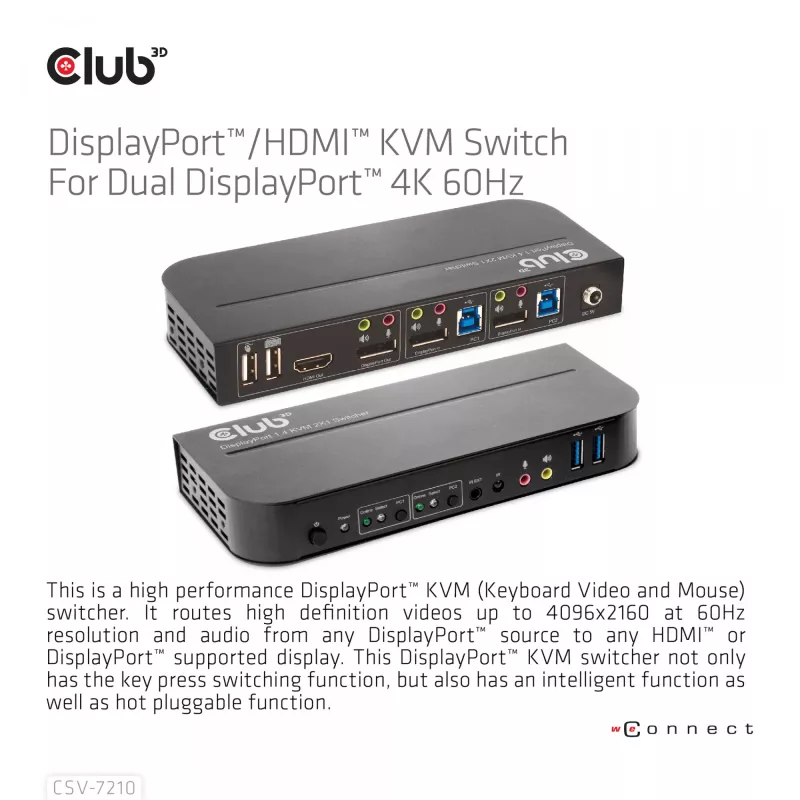 CLUB3D DisplayPort/HDMI KVM prepínač pre Dual DisplayPort 4K 60Hz