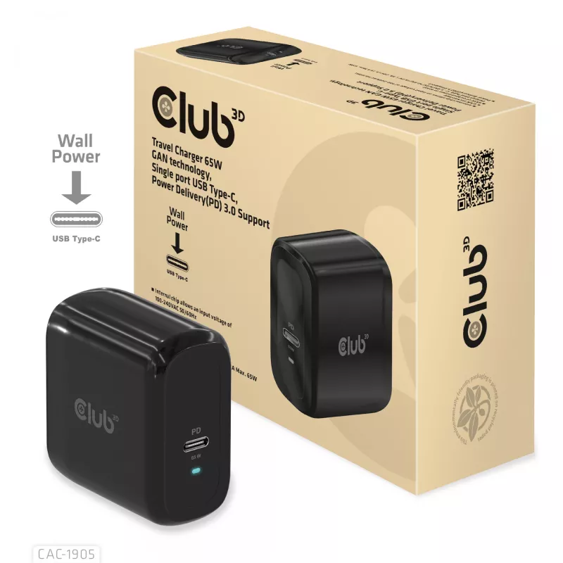 CLUB3D cestovná nabíjačka 65W GAN technológia, jeden port USB Type-C, podpora Power Delivery (PD) 3.0