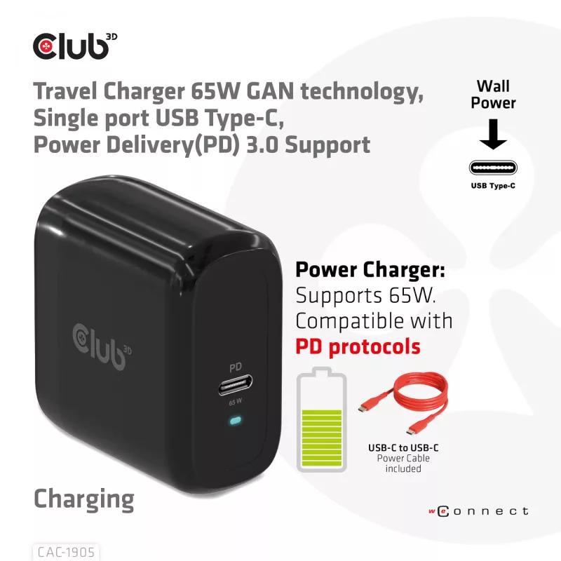CLUB3D cestovná nabíjačka 65W GAN technológia, jeden port USB Type-C, podpora Power Delivery (PD) 3.0