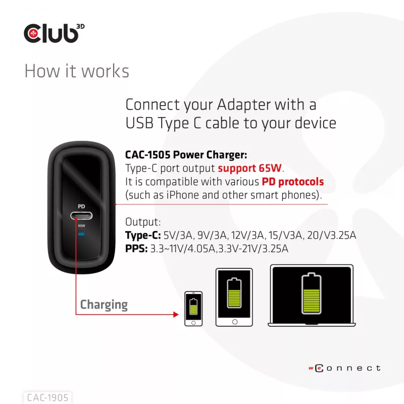 CLUB3D cestovná nabíjačka 65W GAN technológia, jeden port USB Type-C, podpora Power Delivery (PD) 3.0