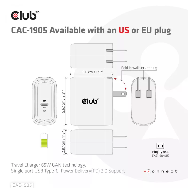 CLUB3D cestovná nabíjačka 65W GAN technológia, jeden port USB Type-C, podpora Power Delivery (PD) 3.0