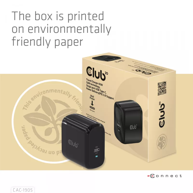 CLUB3D cestovná nabíjačka 65W GAN technológia, jeden port USB Type-C, podpora Power Delivery (PD) 3.0