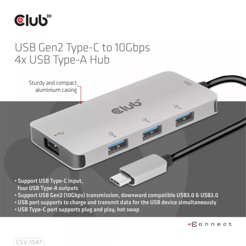 CLUB3D 4-portový USB-A hub pre USB-C – 10 Gbps rýchly prenos