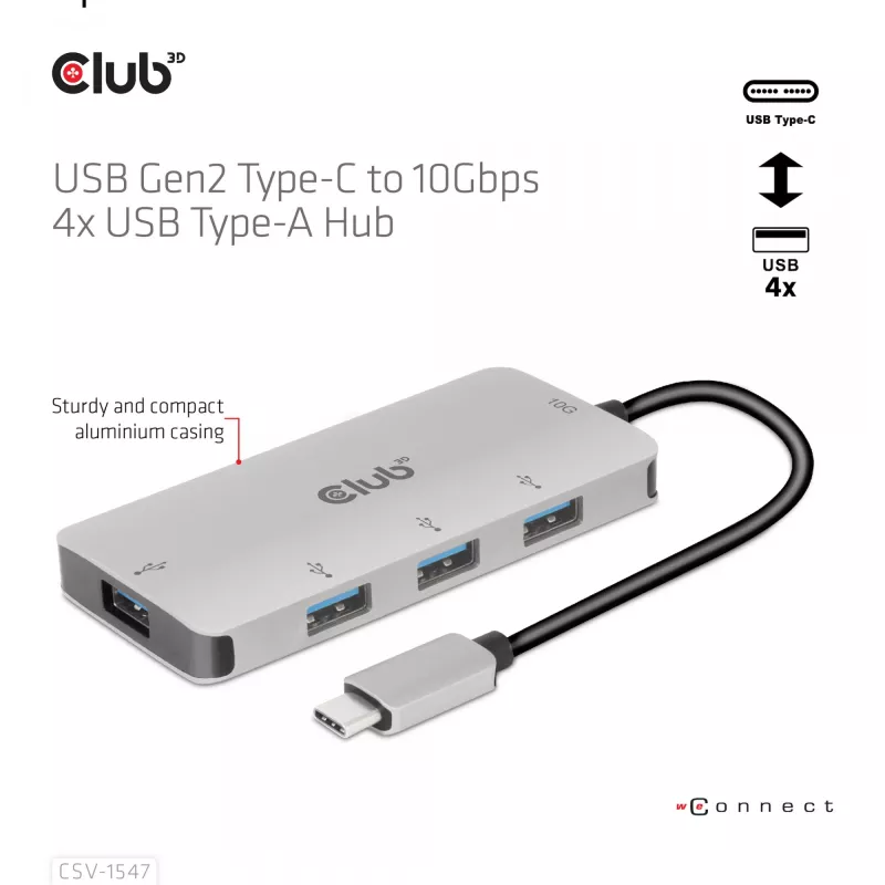 CLUB3D 4-portový USB-A hub pre USB-C – 10 Gbps rýchly prenos