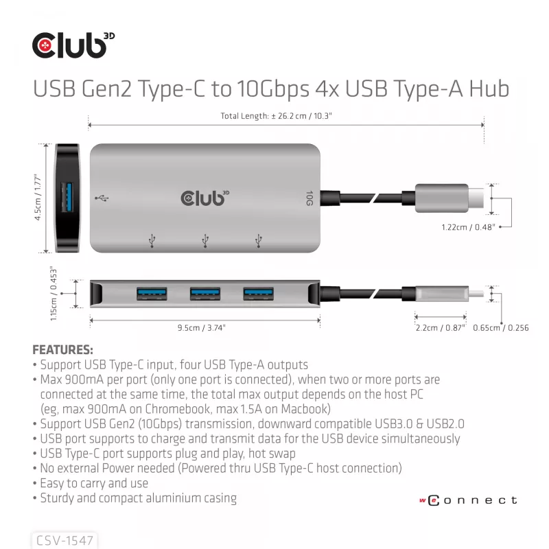 CLUB3D 4-portový USB-A hub pre USB-C – 10 Gbps rýchly prenos