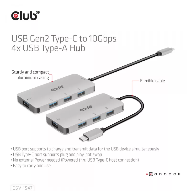 CLUB3D 4-portový USB-A hub pre USB-C – 10 Gbps rýchly prenos