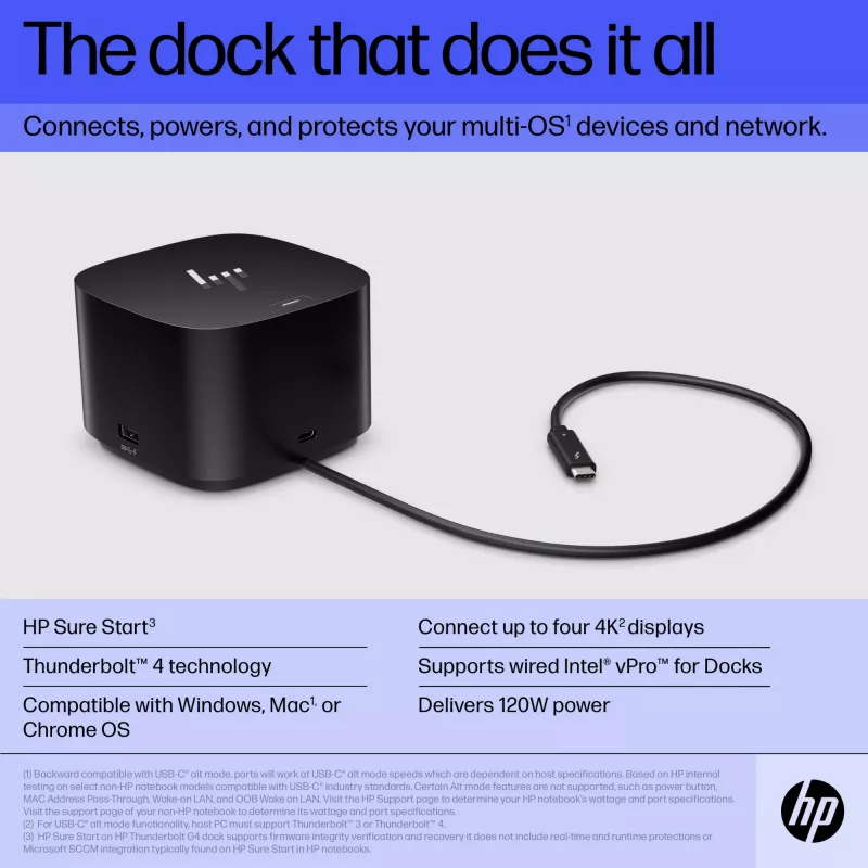 HP Thunderbolt Dock 120W G4, káblový, Thunderbolt 4, čierna, Kensington, Čína, Thajsko, Taiwan, Business