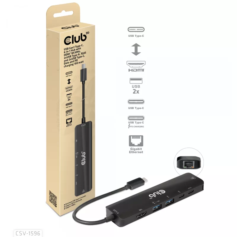 CLUB3D USB Gen1 Type-C, 6-in-1 hub s HDMI 8K30Hz, 2xUSB Type-A, RJ45 a 2xUSB Type-C, dátové a PD nabíjanie 100 Watt