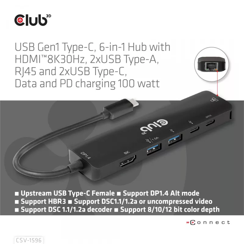 CLUB3D USB Gen1 Type-C, 6-in-1 hub s HDMI 8K30Hz, 2xUSB Type-A, RJ45 a 2xUSB Type-C, dátové a PD nabíjanie 100 Watt