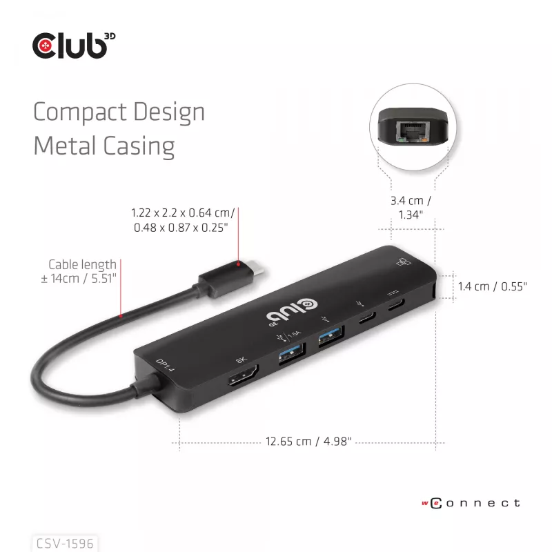 CLUB3D USB Gen1 Type-C, 6-in-1 hub s HDMI 8K30Hz, 2xUSB Type-A, RJ45 a 2xUSB Type-C, dátové a PD nabíjanie 100 Watt
