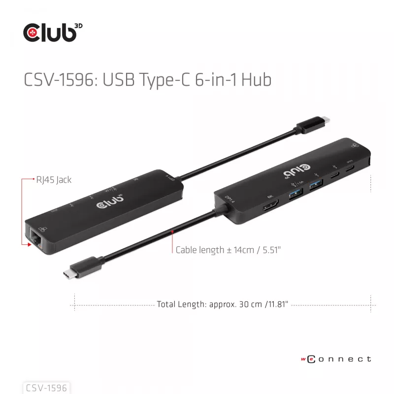 CLUB3D USB Gen1 Type-C, 6-in-1 hub s HDMI 8K30Hz, 2xUSB Type-A, RJ45 a 2xUSB Type-C, dátové a PD nabíjanie 100 Watt