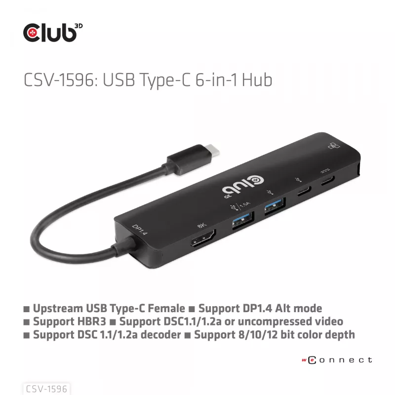 CLUB3D USB Gen1 Type-C, 6-in-1 hub s HDMI 8K30Hz, 2xUSB Type-A, RJ45 a 2xUSB Type-C, dátové a PD nabíjanie 100 Watt