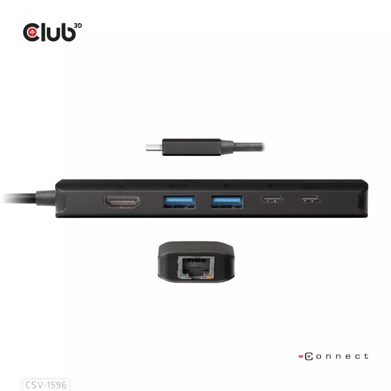 CLUB3D USB Gen1 Type-C, 6-in-1 hub s HDMI 8K30Hz, 2xUSB Type-A, RJ45 a 2xUSB Type-C, dátové a PD nabíjanie 100 Watt
