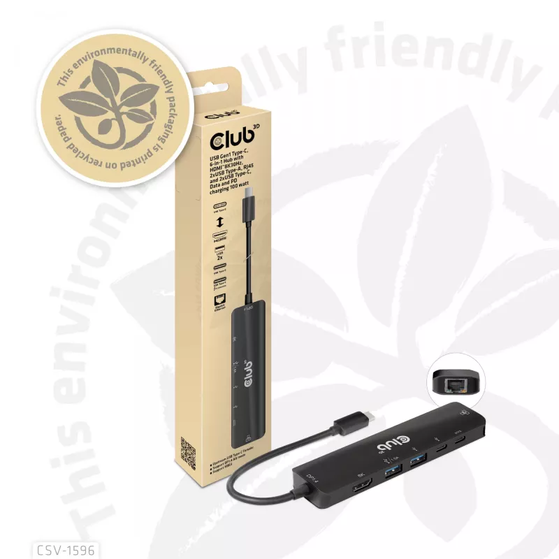 CLUB3D USB Gen1 Type-C, 6-in-1 hub s HDMI 8K30Hz, 2xUSB Type-A, RJ45 a 2xUSB Type-C, dátové a PD nabíjanie 100 Watt