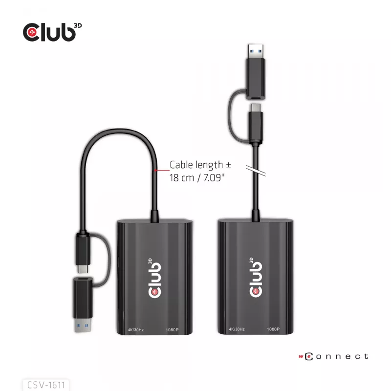 CLUB3D USB Gen1 Type-C/-A na Dual HDMI (4K/30Hz) / VGA (1080/60Hz)