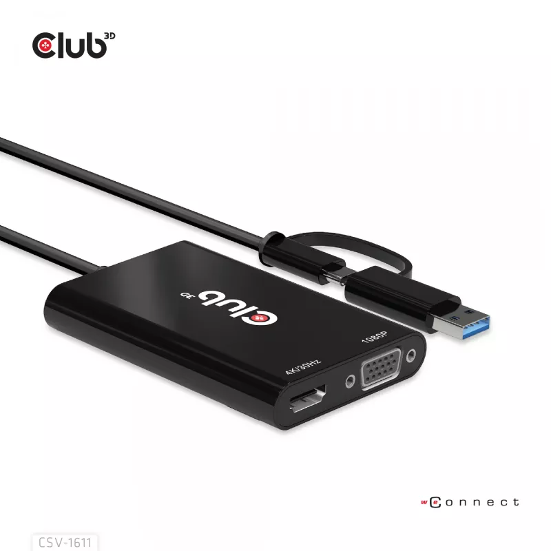 CLUB3D USB Gen1 Type-C/-A na Dual HDMI (4K/30Hz) / VGA (1080/60Hz)