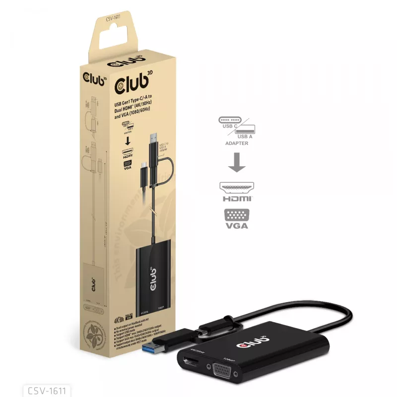 CLUB3D USB Gen1 Type-C/-A na Dual HDMI (4K/30Hz) / VGA (1080/60Hz)