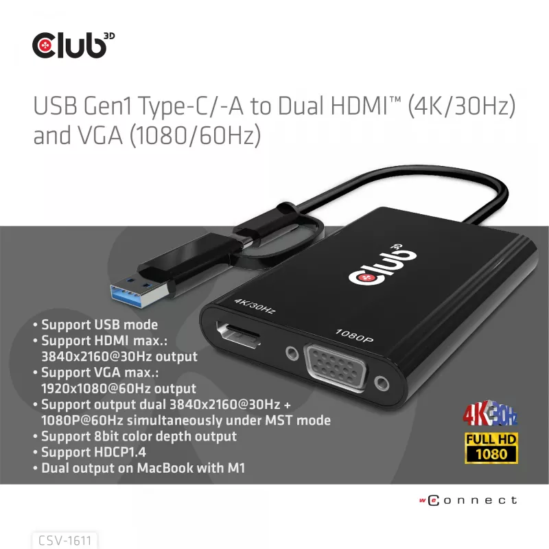 CLUB3D USB Gen1 Type-C/-A na Dual HDMI (4K/30Hz) / VGA (1080/60Hz)
