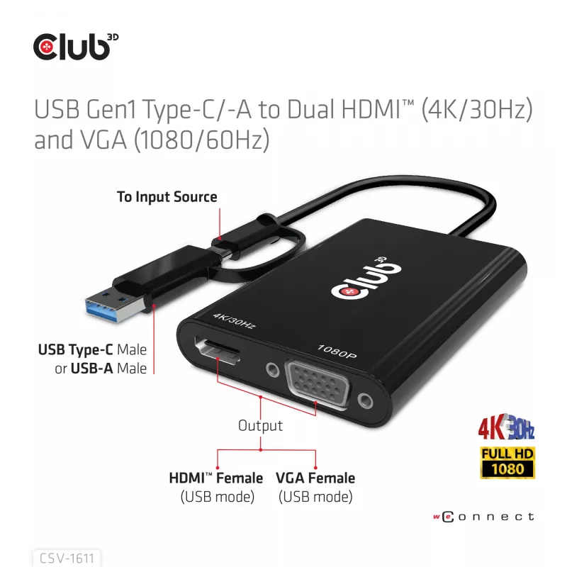 CLUB3D USB Gen1 Type-C/-A na Dual HDMI (4K/30Hz) / VGA (1080/60Hz)
