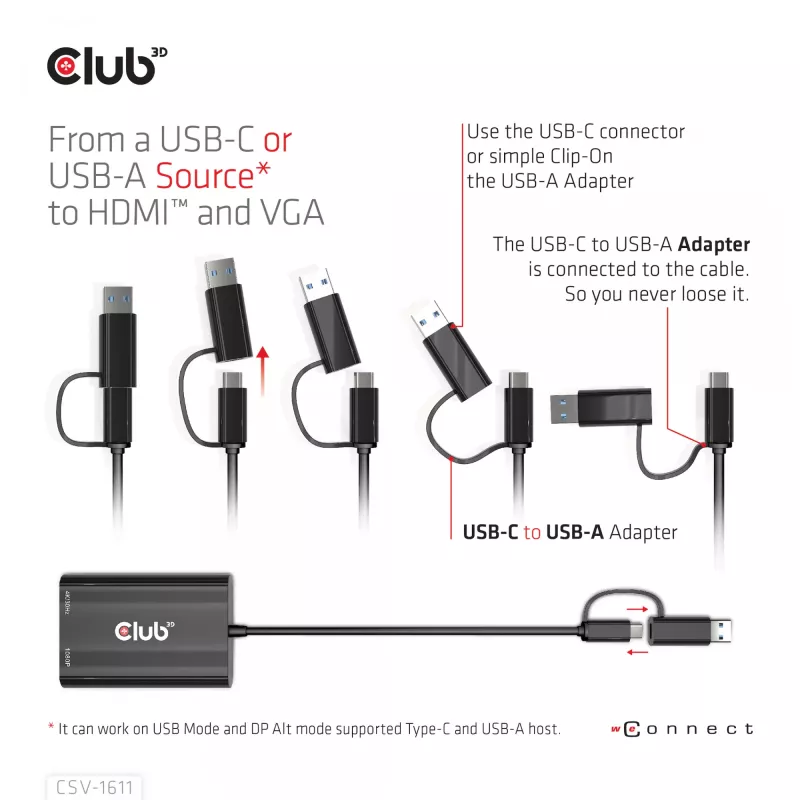 CLUB3D USB Gen1 Type-C/-A na Dual HDMI (4K/30Hz) / VGA (1080/60Hz)