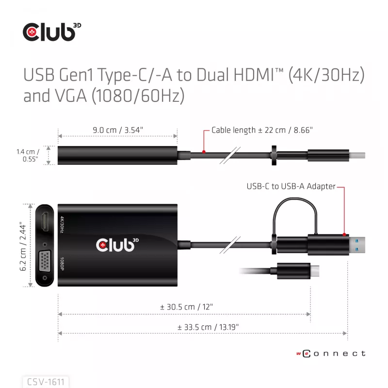 CLUB3D USB Gen1 Type-C/-A na Dual HDMI (4K/30Hz) / VGA (1080/60Hz)
