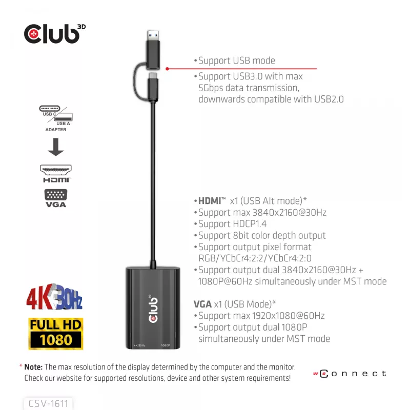 CLUB3D USB Gen1 Type-C/-A na Dual HDMI (4K/30Hz) / VGA (1080/60Hz)