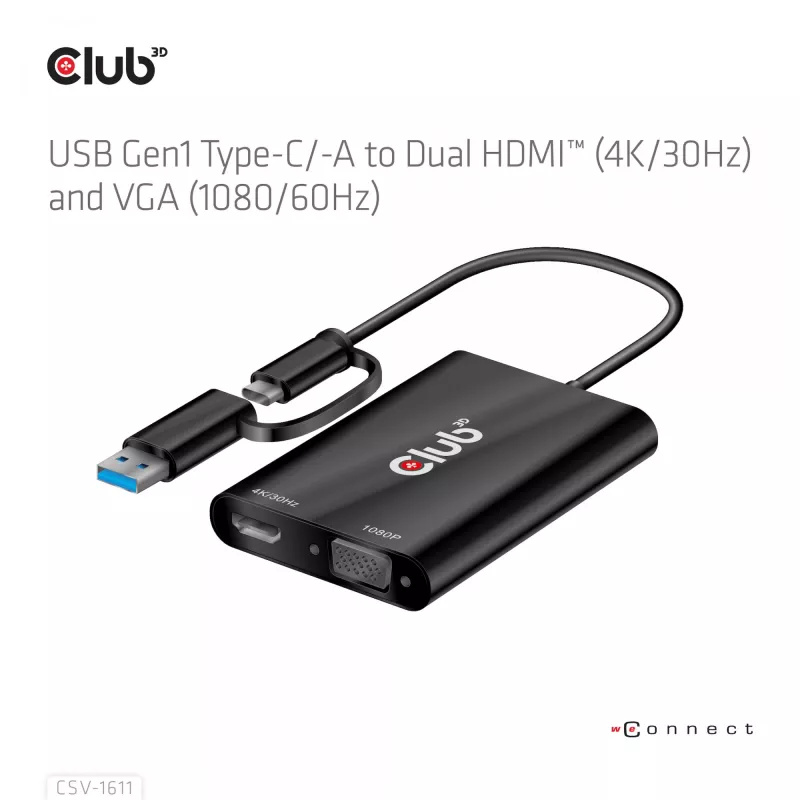 CLUB3D USB Gen1 Type-C/-A na Dual HDMI (4K/30Hz) / VGA (1080/60Hz)
