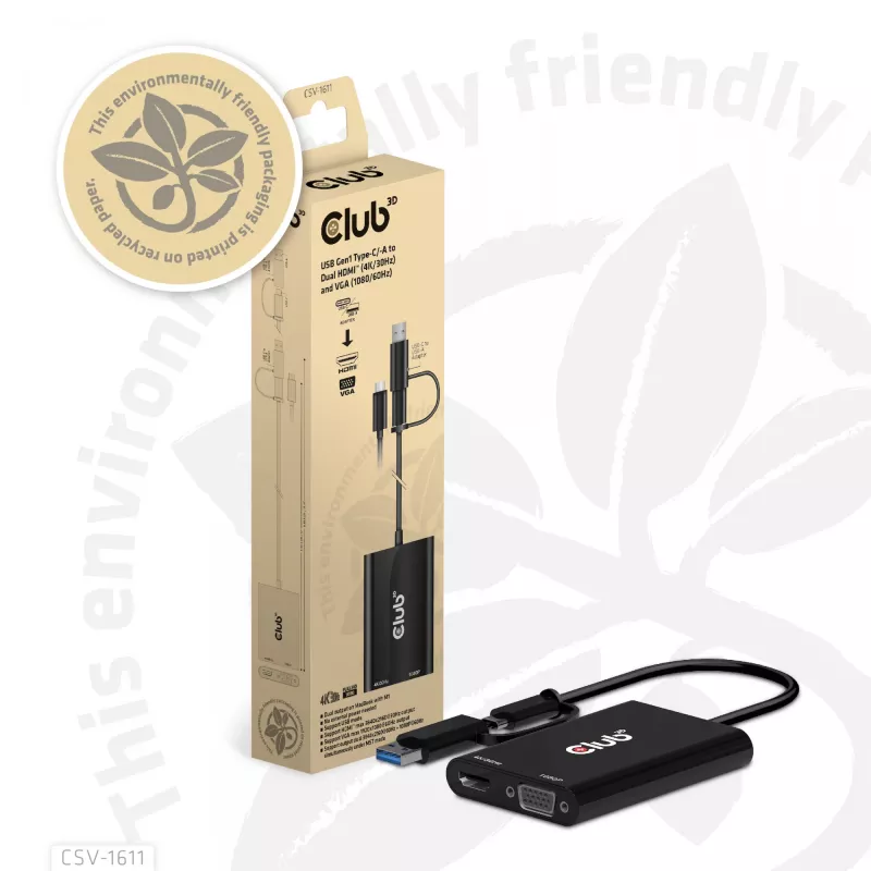 CLUB3D USB Gen1 Type-C/-A na Dual HDMI (4K/30Hz) / VGA (1080/60Hz)