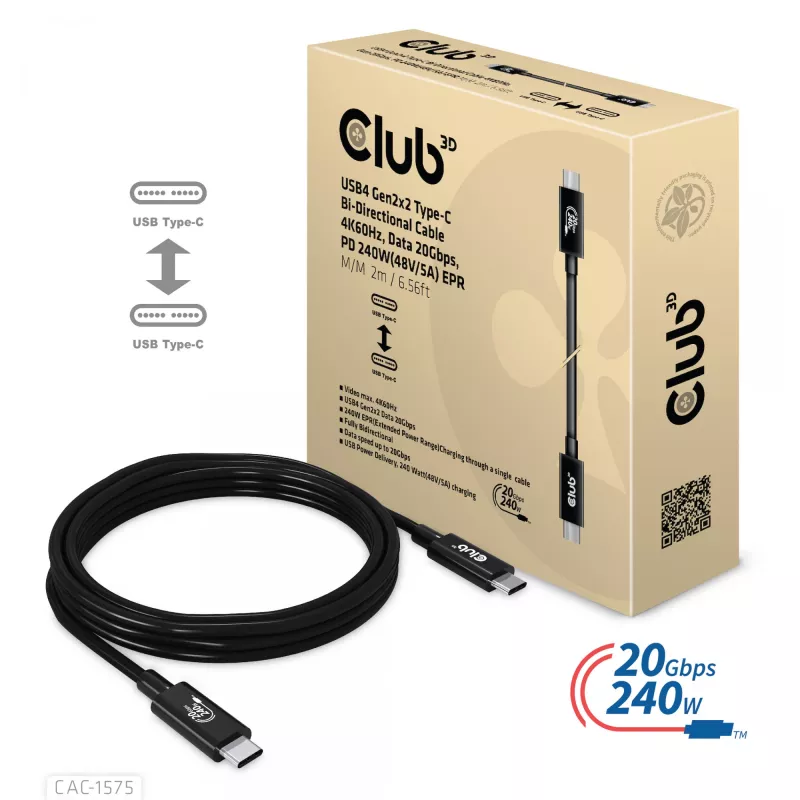 CLUB3D USB4 Gen2x2 Type-C obojsmerný kábel 4K60Hz, dáta 20Gbps, PD 240W(48V/5A) EPR M/M 2m