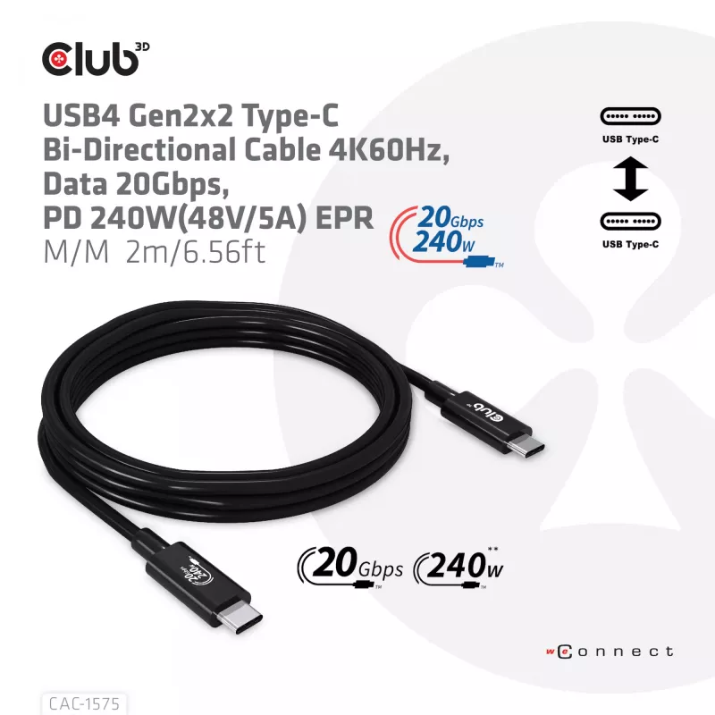 CLUB3D USB4 Gen2x2 Type-C obojsmerný kábel 4K60Hz, dáta 20Gbps, PD 240W(48V/5A) EPR M/M 2m