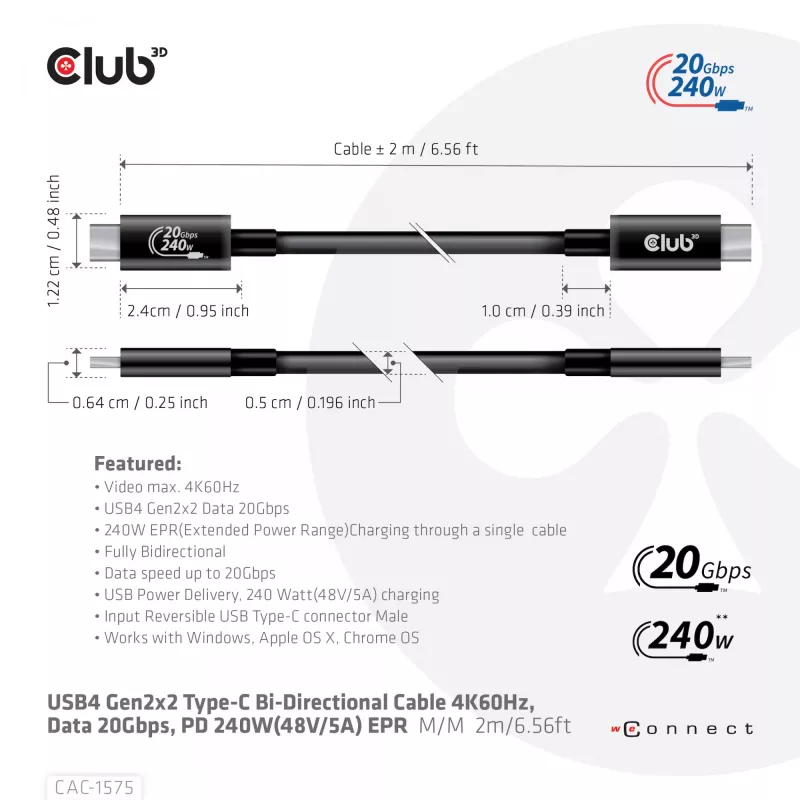 CLUB3D USB4 Gen2x2 Type-C obojsmerný kábel 4K60Hz, dáta 20Gbps, PD 240W(48V/5A) EPR M/M 2m