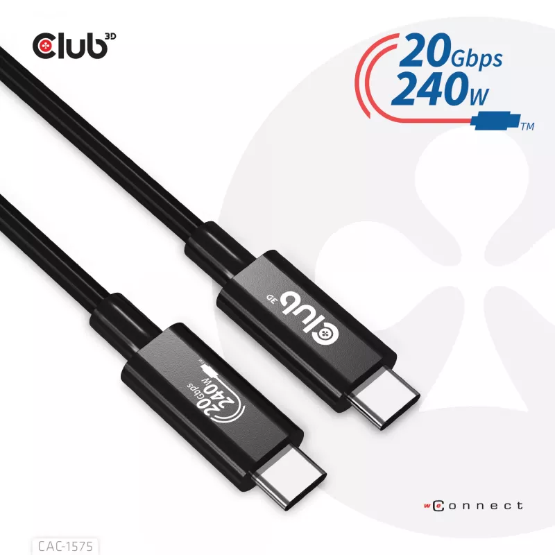 CLUB3D USB4 Gen2x2 Type-C obojsmerný kábel 4K60Hz, dáta 20Gbps, PD 240W(48V/5A) EPR M/M 2m